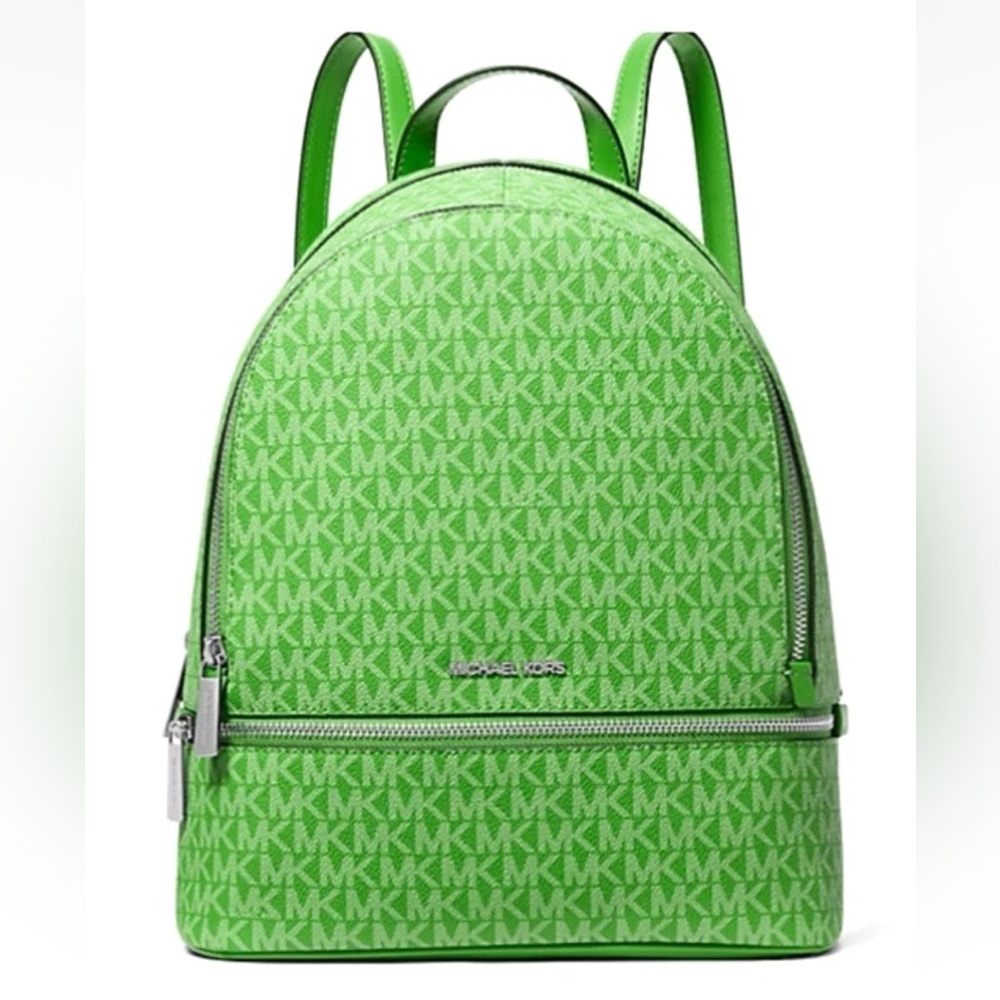 New Michael Kors Rhea Medium Signature Logo Backpack Jungle Green